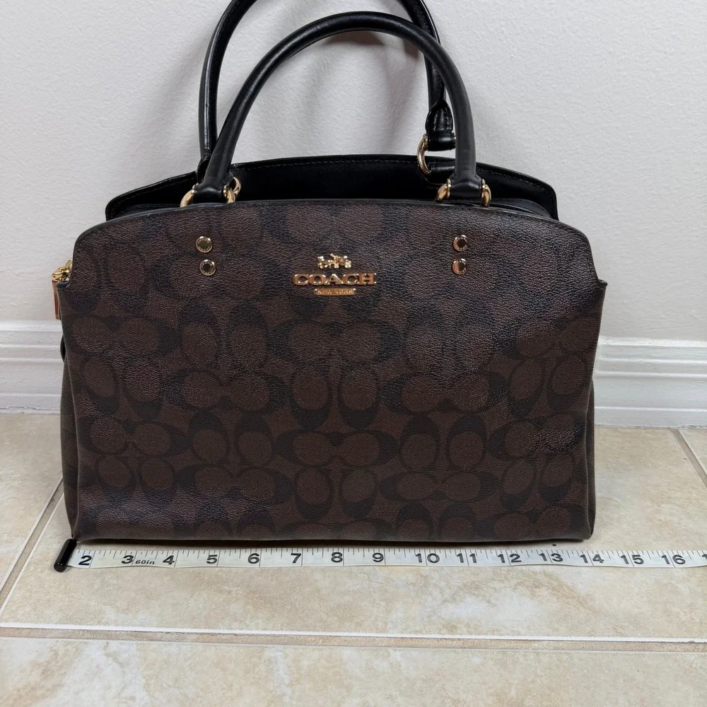 Coach Lillie Carryall Brown Black Signature Monogram Canvas Satchel F2177-91495